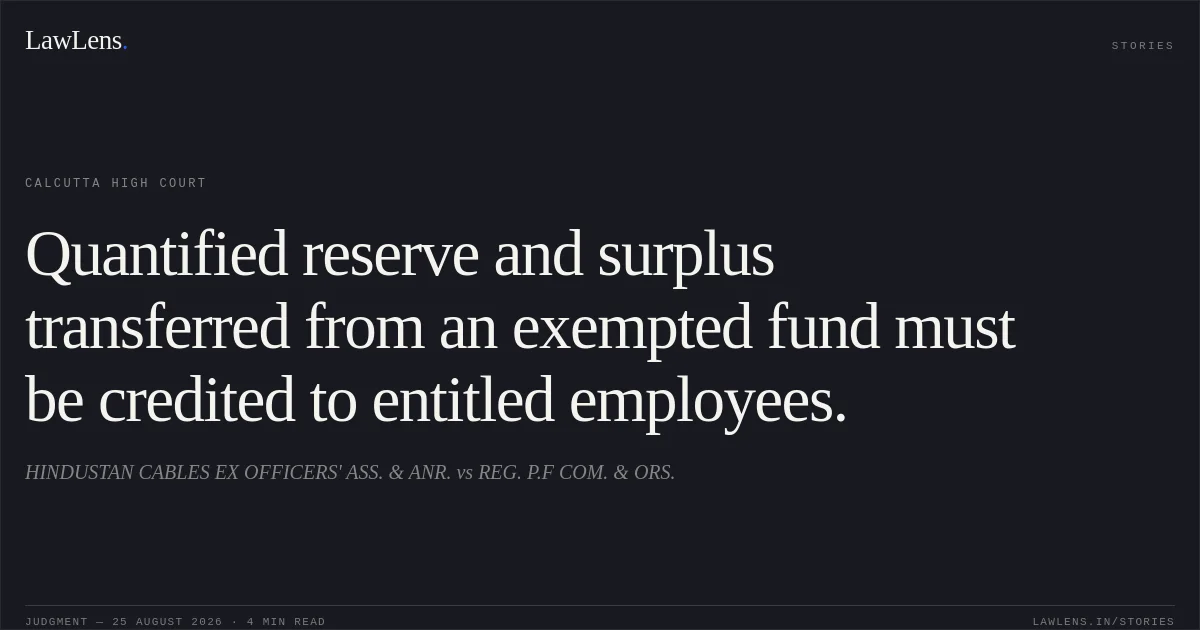 Quantified reserve and surplus transferred from an exempted fund must be credited to entitled employees.. HINDUSTAN CABLES EX OFFICERS' ASS. & ANR. vs REG. P.F COM. & ORS.. Calcutta High Court. LawLens