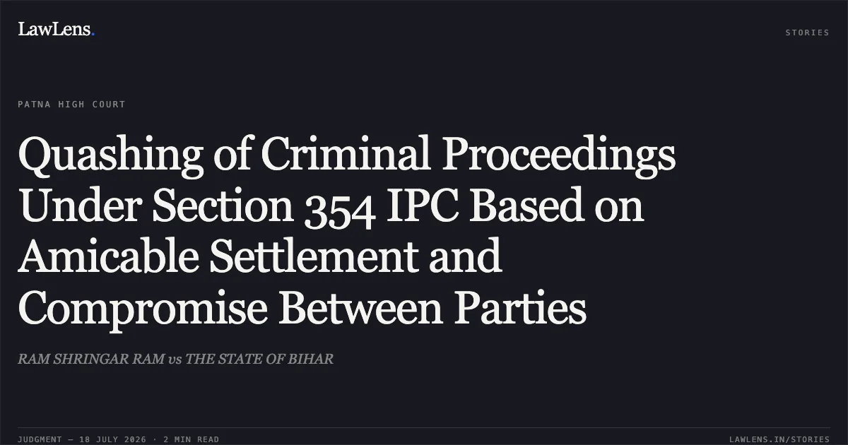 Quashing of Criminal Proceedings Under Section 354 IPC Based on Amicable Settlement and Compromise Between Parties. RAM SHRINGAR RAM vs THE STATE OF BIHAR. Patna High Court. LawLens