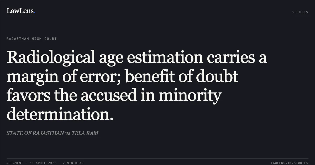 Radiological age estimation carries a margin of error; benefit of doubt favors the accused in minority determination.. STATE OF RAJASTHAN vs TELA RAM. Rajasthan High Court. LawLens