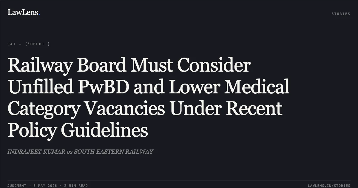 Railway Board Must Consider Unfilled PwBD and Lower Medical Category Vacancies Under Recent Policy Guidelines. INDRAJEET KUMAR vs SOUTH EASTERN RAILWAY. Central Administrative Tribunal. LawLens