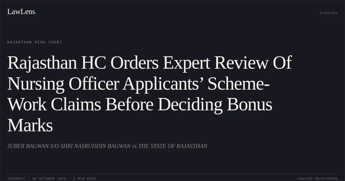 Rajasthan HC Orders Expert Review Of Nursing Officer Applicants’ Scheme-Work Claims Before Deciding Bonus Marks. JUBER BAGWAN S/O SHRI NASRUDDIN BAGWAN vs THE STATE OF RAJASTHAN. Rajasthan High Court. LawLens