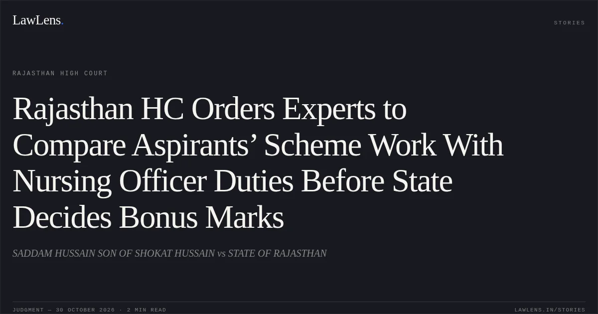 Rajasthan HC Orders Experts to Compare Aspirants’ Scheme Work With Nursing Officer Duties Before State Decides Bonus Marks. SADDAM HUSSAIN SON OF SHOKAT HUSSAIN vs STATE OF RAJASTHAN. Rajasthan High Court. LawLens