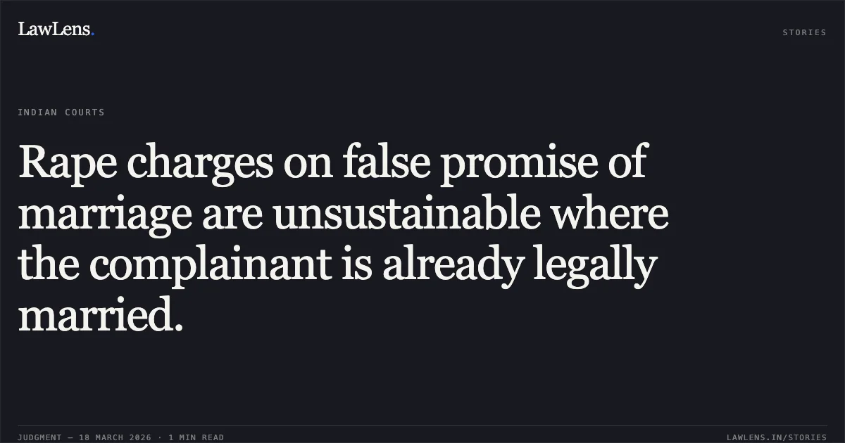 Rape charges on false promise of marriage are unsustainable where the complainant is already legally married.. Ankit Tomar vs State Of Haryana. Supreme Court. LawLens