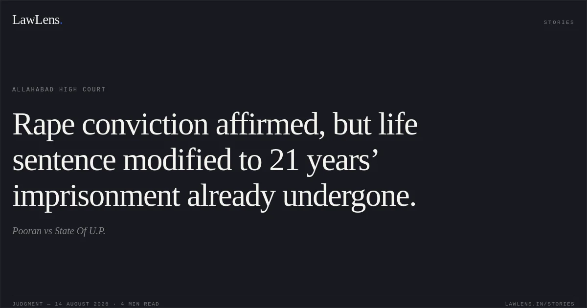 Rape conviction affirmed, but life sentence modified to 21 years’ imprisonment already undergone.. Pooran vs State Of U.P.. Allahabad High Court. LawLens