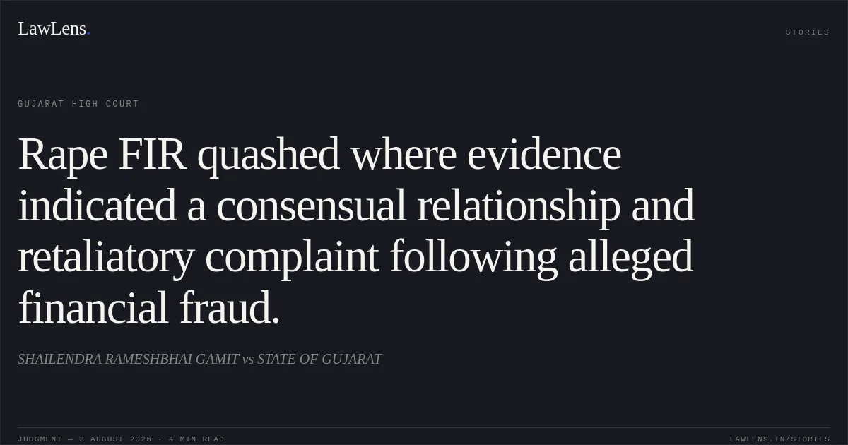 Rape FIR quashed where evidence indicated a consensual relationship and retaliatory complaint following alleged financial fraud.. SHAILENDRA RAMESHBHAI GAMIT vs STATE OF GUJARAT. Gujarat High Court. LawLens