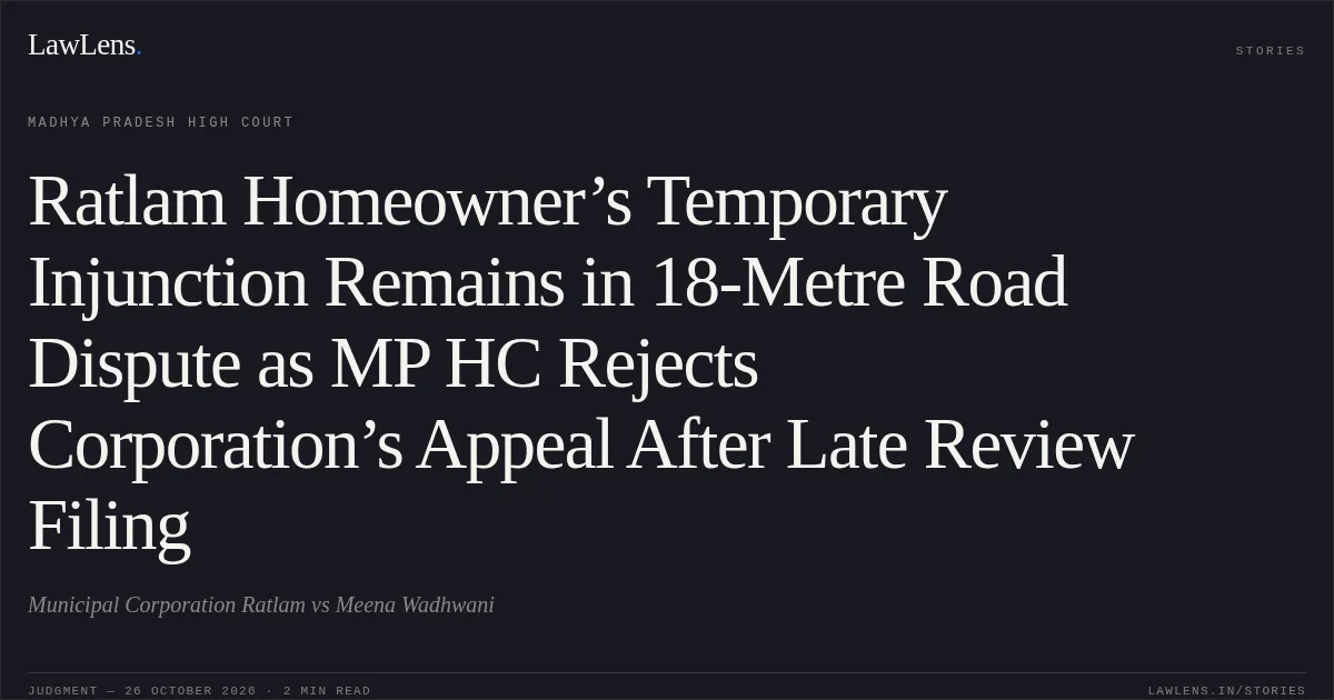 Ratlam Homeowner’s Temporary Injunction Remains in 18-Metre Road Dispute as MP HC Rejects Corporation’s Appeal After Late Review Filing. Municipal Corporation Ratlam vs Meena Wadhwani. Madhya Pradesh High Court. LawLens