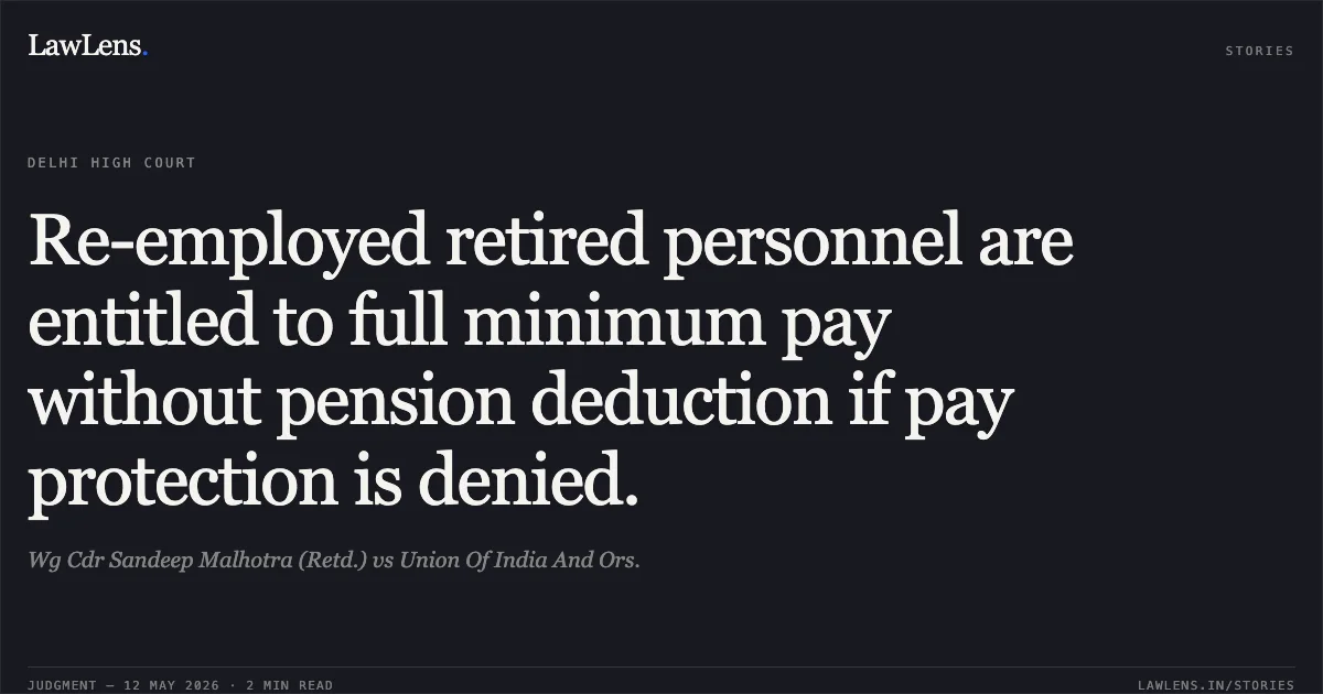 Re-employed retired personnel are entitled to full minimum pay without pension deduction if pay protection is denied.. Wg Cdr Sandeep Malhotra (Retd.) vs Union Of India And Ors.. Delhi High Court. LawLens