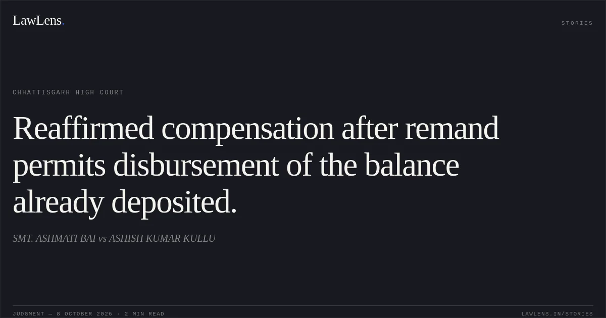 Reaffirmed compensation after remand permits disbursement of the balance already deposited.. SMT. ASHMATI BAI vs ASHISH KUMAR KULLU. Chhattisgarh High Court. LawLens