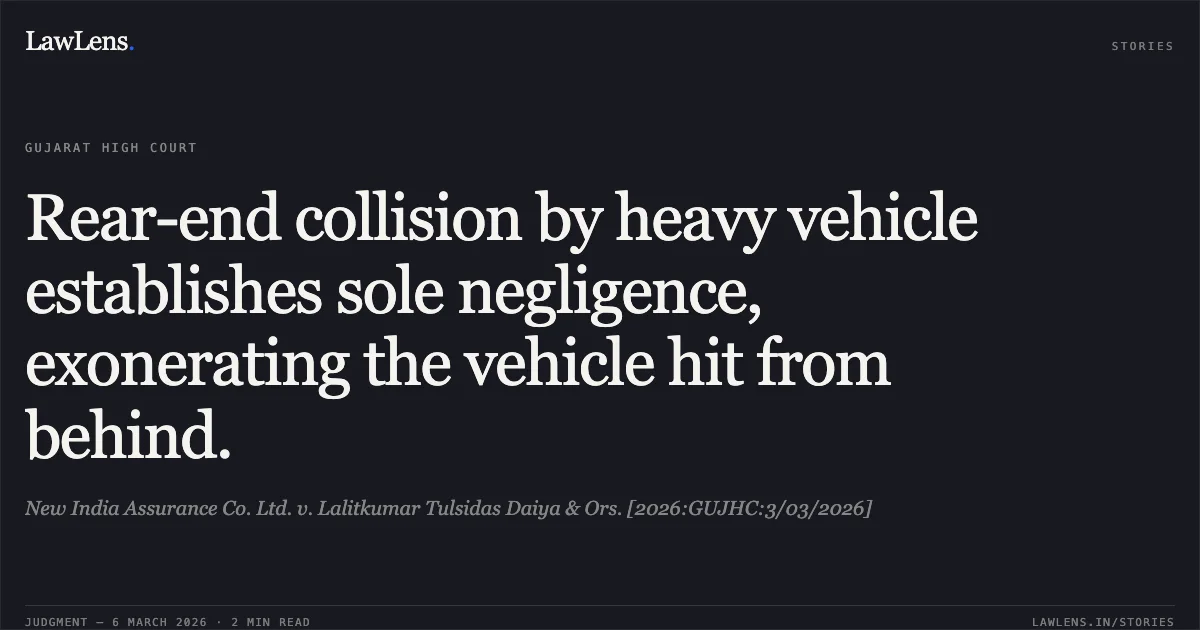 Rear-end collision by heavy vehicle establishes sole negligence, exonerating the vehicle hit from behind.. New India Assurance Co. Ltd. v. Lalitkumar Tulsidas Daiya & Ors. [2026:GUJHC:3/03/2026]. Gujarat High Court. LawLens