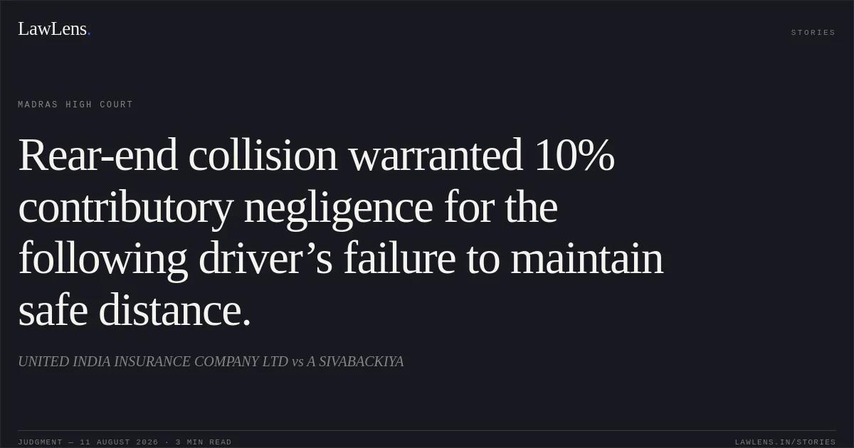 Rear-end collision warranted 10% contributory negligence for the following driver’s failure to maintain safe distance.. UNITED INDIA INSURANCE COMPANY LTD vs A SIVABACKIYA. Madras High Court. LawLens