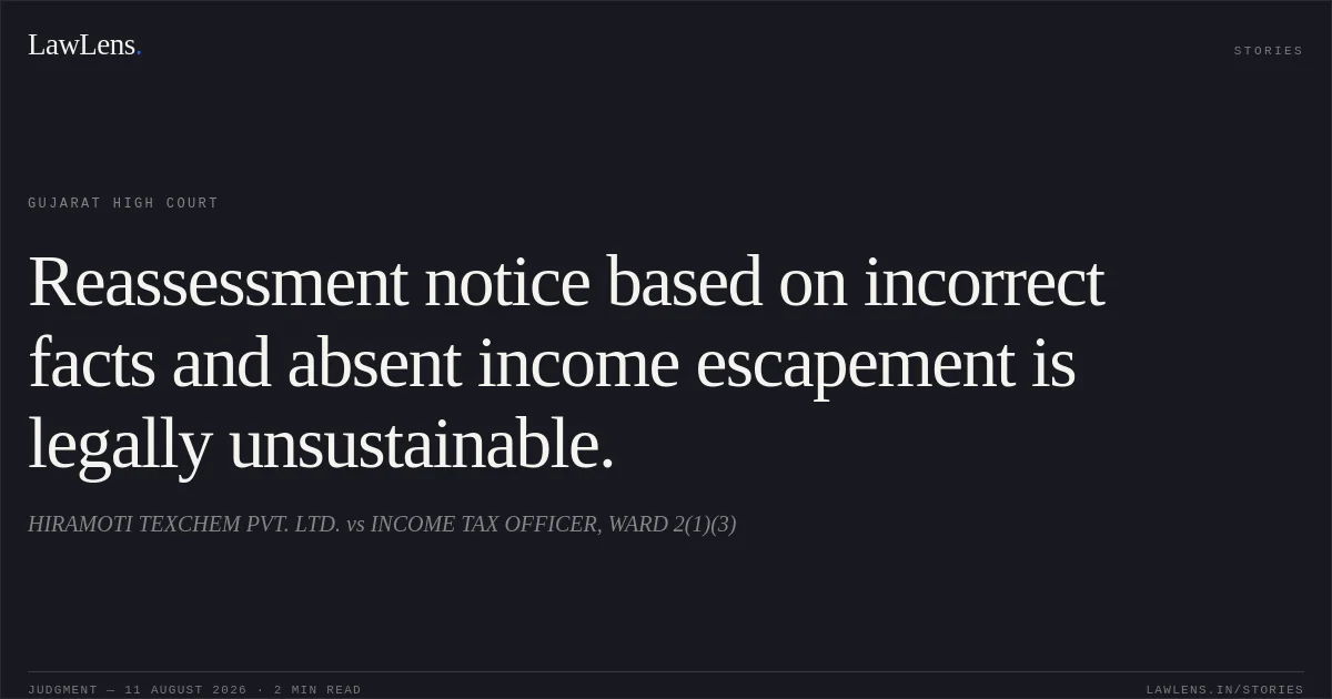 Reassessment notice based on incorrect facts and absent income escapement is legally unsustainable.. HIRAMOTI TEXCHEM PVT. LTD. vs INCOME TAX OFFICER, WARD 2(1)(3). Gujarat High Court. LawLens