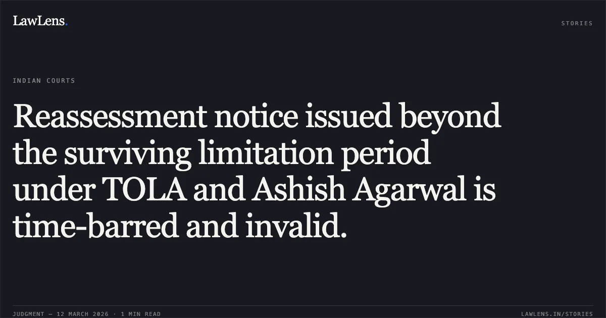 Reassessment notice issued beyond the surviving limitation period under TOLA and Ashish Agarwal is time-barred and invalid.. Amrita Aditya Shah v. Assistant Commissioner of Income Tax, Circle (International Taxation) 1, Ahmedabad [R/Special Civil Application No. 17039 of 2022]. Gujarat High Court. LawLens