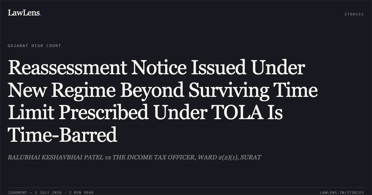 Reassessment Notice Issued Under New Regime Beyond Surviving Time Limit Prescribed Under TOLA Is Time-Barred. BALUBHAI KESHAVBHAI PATEL vs THE INCOME TAX OFFICER, WARD 2(2)(1), SURAT. Gujarat High Court. LawLens