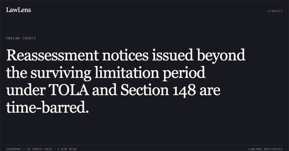 Reassessment notices issued beyond the surviving limitation period under TOLA and Section 148 are time-barred.. SANTOSH SINGH HUKAM SINGH KARNAWAT vs THE INCOME TAX OFFICER, CIRCLE 2(3)(6), SURAT. Gujarat High Court. LawLens
