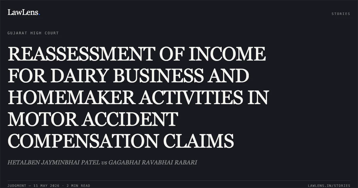 REASSESSMENT OF INCOME FOR DAIRY BUSINESS AND HOMEMAKER ACTIVITIES IN MOTOR ACCIDENT COMPENSATION CLAIMS. HETALBEN JAYMINBHAI PATEL vs GAGABHAI RAVABHAI RABARI. Gujarat High Court. LawLens
