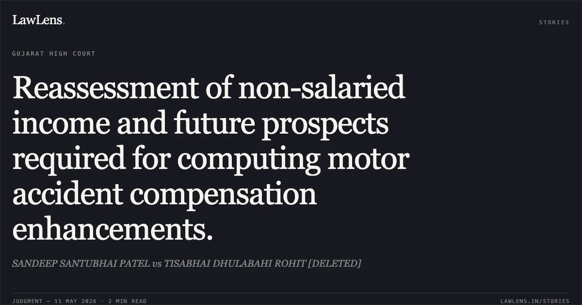 Reassessment of non-salaried income and future prospects required for computing motor accident compensation enhancements.. SANDEEP SANTUBHAI PATEL vs TISABHAI DHULABAHI ROHIT [DELETED]. Gujarat High Court. LawLens