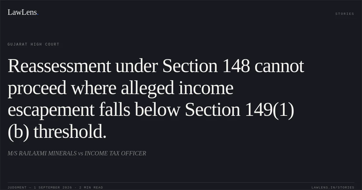 Reassessment under Section 148 cannot proceed where alleged income escapement falls below Section 149(1)(b) threshold.. M/S RAJLAXMI MINERALS vs INCOME TAX OFFICER. Gujarat High Court. LawLens