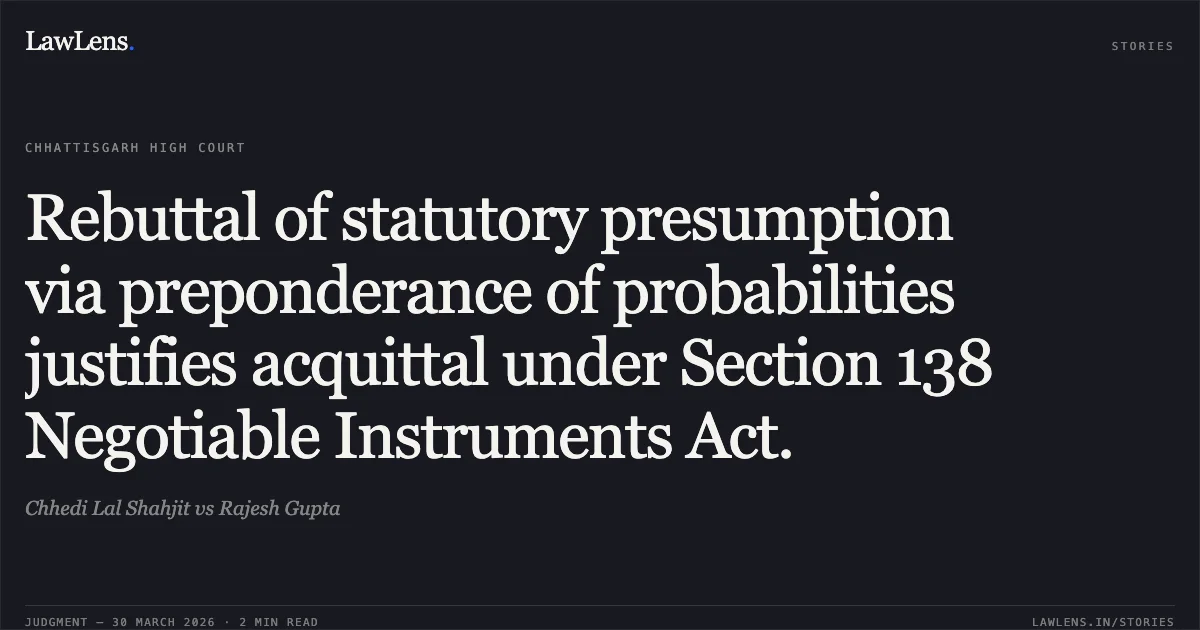 Rebuttal of statutory presumption via preponderance of probabilities justifies acquittal under Section 138 Negotiable Instruments Act.. Chhedi Lal Shahjit vs Rajesh Gupta. Chhattisgarh High Court. LawLens