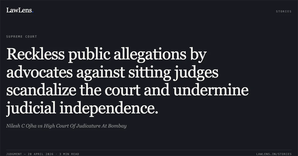 Reckless public allegations by advocates against sitting judges scandalize the court and undermine judicial independence.. Nilesh C Ojha vs High Court Of Judicature At Bombay. Supreme Court. LawLens