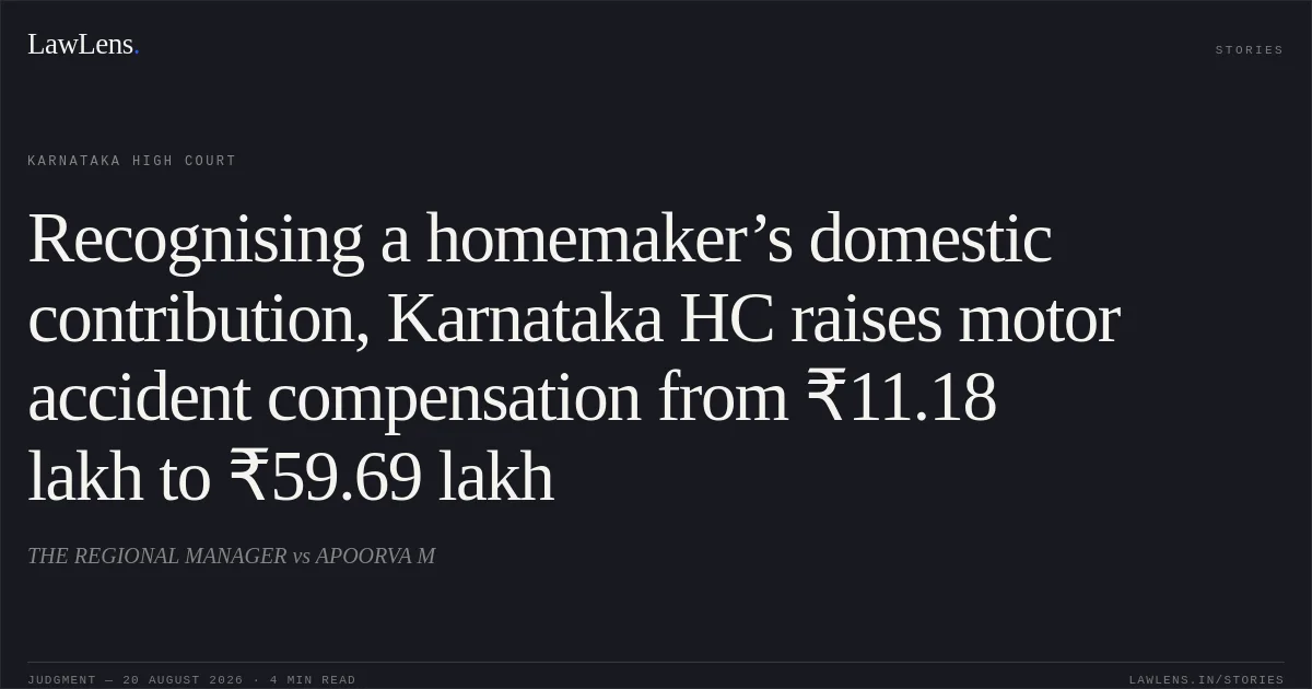 Recognising a homemaker’s domestic contribution, Karnataka HC raises motor accident compensation from ₹11.18 lakh to ₹59.69 lakh. THE REGIONAL MANAGER vs APOORVA M. Karnataka High Court. LawLens