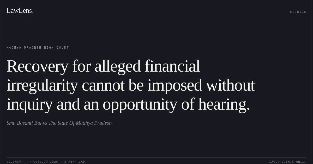 Recovery for alleged financial irregularity cannot be imposed without inquiry and an opportunity of hearing.. Smt. Basanti Bai vs The State Of Madhya Pradesh. Madhya Pradesh High Court. LawLens