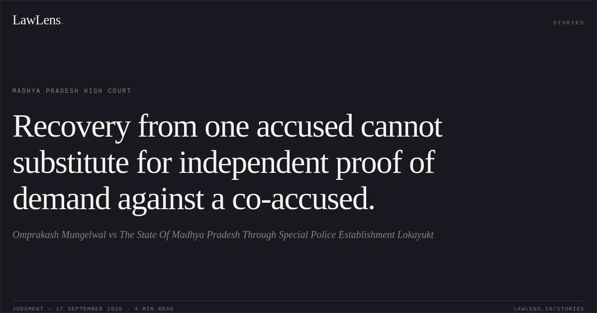 Recovery from one accused cannot substitute for independent proof of demand against a co-accused.. Omprakash Mungelwal vs The State Of Madhya Pradesh Through Special Police Establishment Lokayukt. Madhya Pradesh High Court. LawLens
