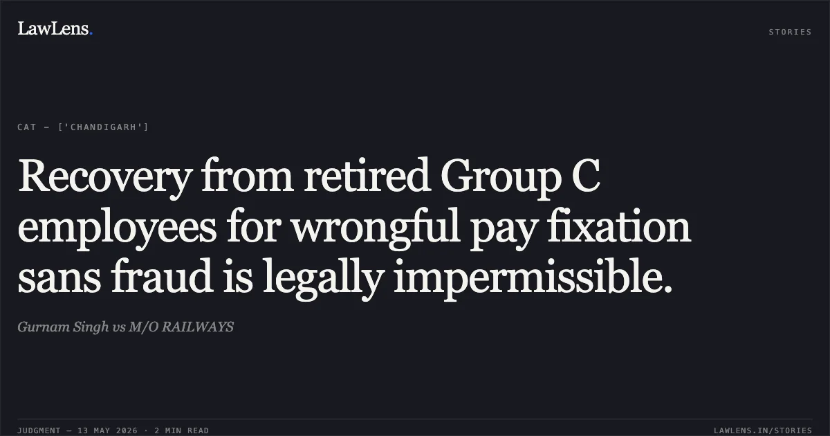 Recovery from retired Group C employees for wrongful pay fixation sans fraud is legally impermissible.. Gurnam Singh vs M/O RAILWAYS. Central Administrative Tribunal. LawLens