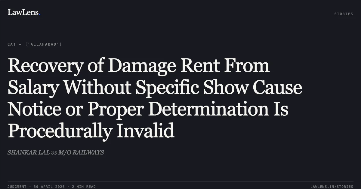 Recovery of Damage Rent From Salary Without Specific Show Cause Notice or Proper Determination Is Procedurally Invalid. SHANKAR LAL vs M/O RAILWAYS. Central Administrative Tribunal. LawLens