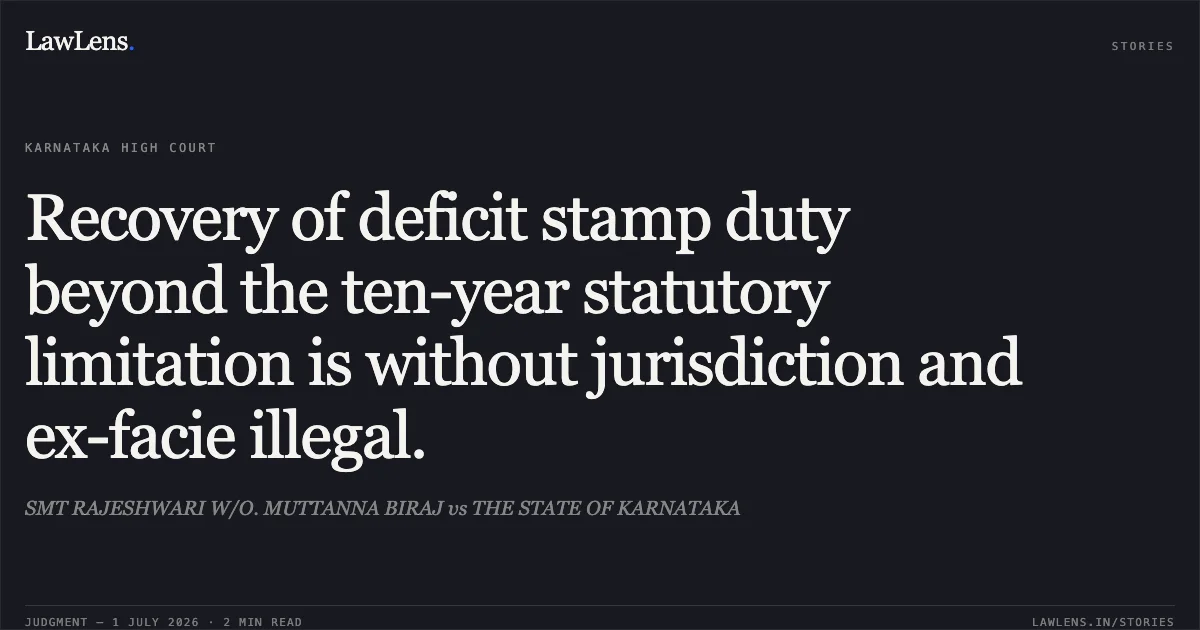 Recovery of deficit stamp duty beyond the ten-year statutory limitation is without jurisdiction and ex-facie illegal.. SMT RAJESHWARI W/O. MUTTANNA BIRAJ vs THE STATE OF KARNATAKA. Karnataka High Court. LawLens