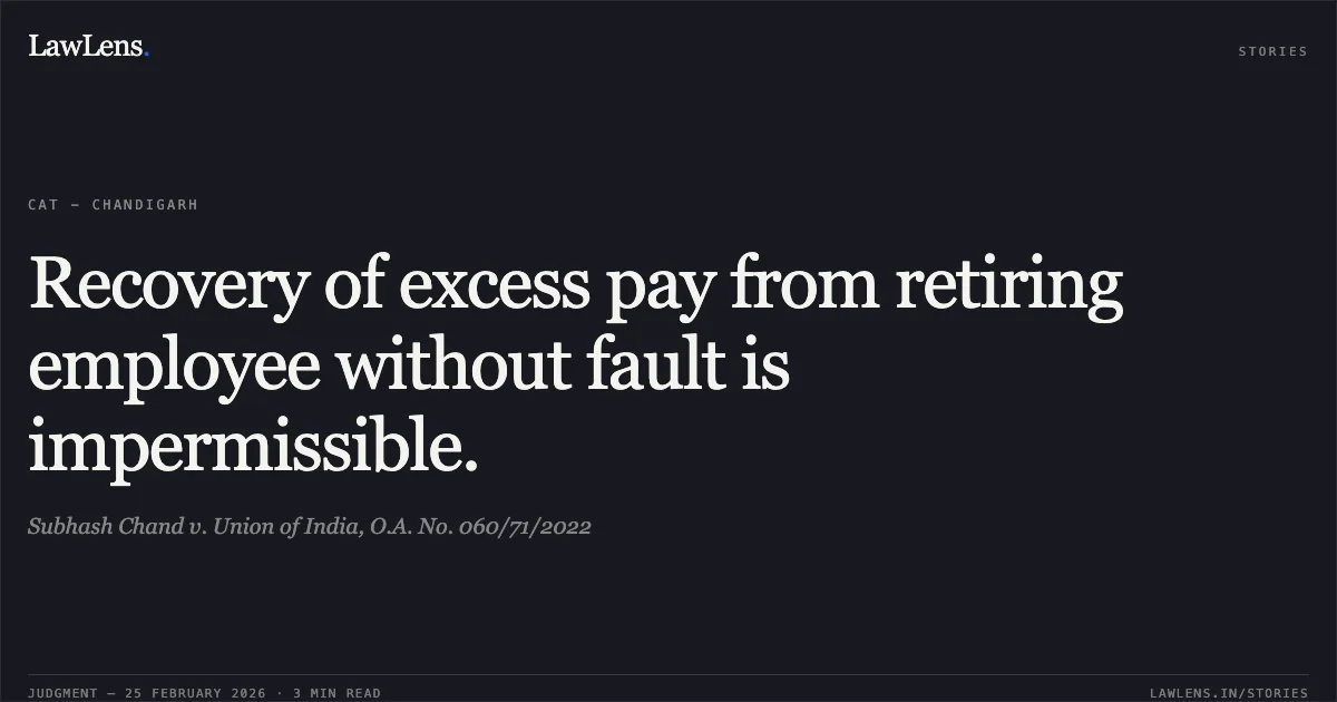 Recovery of excess pay from retiring employee without fault is impermissible.. Subhash Chand v. Union of India, O.A. No. 060/71/2022. Central Administrative Tribunal. LawLens