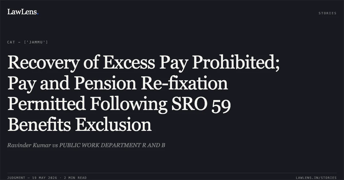 Recovery of Excess Pay Prohibited; Pay and Pension Re-fixation Permitted Following SRO 59 Benefits Exclusion. Ravinder Kumar vs PUBLIC WORK DEPARTMENT R AND B. Central Administrative Tribunal. LawLens