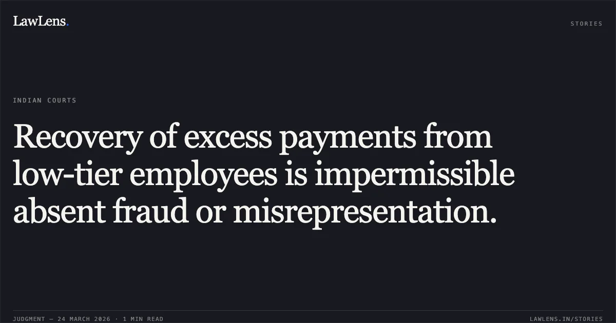 Recovery of excess payments from low-tier employees is impermissible absent fraud or misrepresentation.. UDRA KHILO vs DEPTT OF POSTS. Central Administrative Tribunal. LawLens