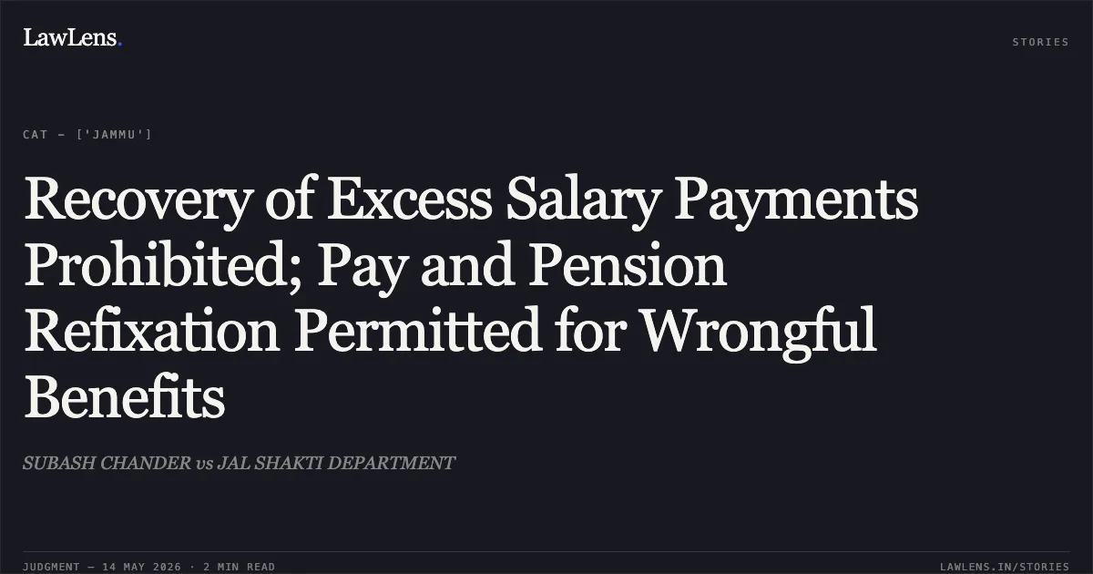 Recovery of Excess Salary Payments Prohibited; Pay and Pension Refixation Permitted for Wrongful Benefits. SUBASH CHANDER vs JAL SHAKTI DEPARTMENT. Central Administrative Tribunal. LawLens