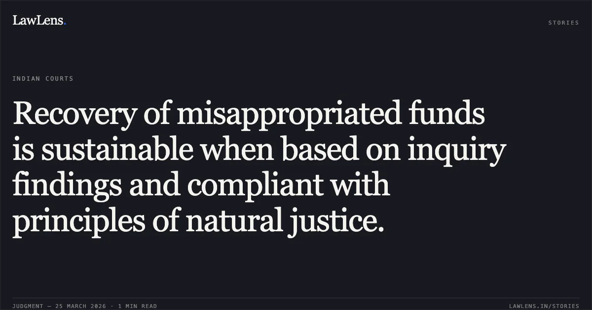 Recovery of misappropriated funds is sustainable when based on inquiry findings and compliant with principles of natural justice.. R.P.S. Chouhan vs The State Of Madhya Pradesh. Madhya Pradesh High Court. LawLens