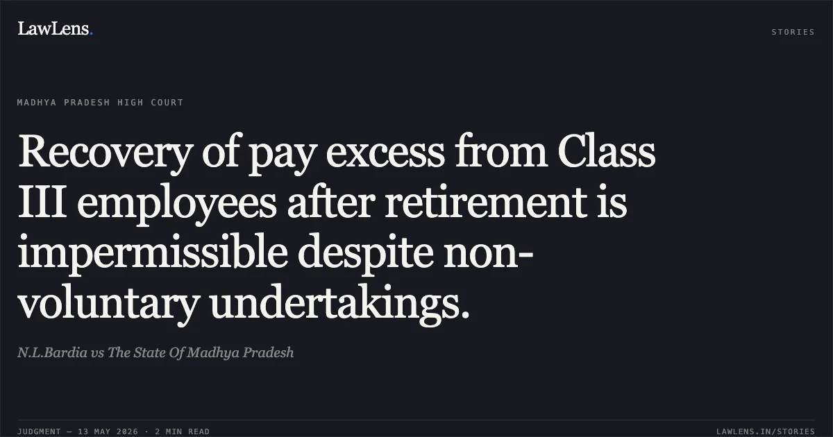 Recovery of pay excess from Class III employees after retirement is impermissible despite non-voluntary undertakings.. N.L.Bardia vs The State Of Madhya Pradesh. Madhya Pradesh High Court. LawLens