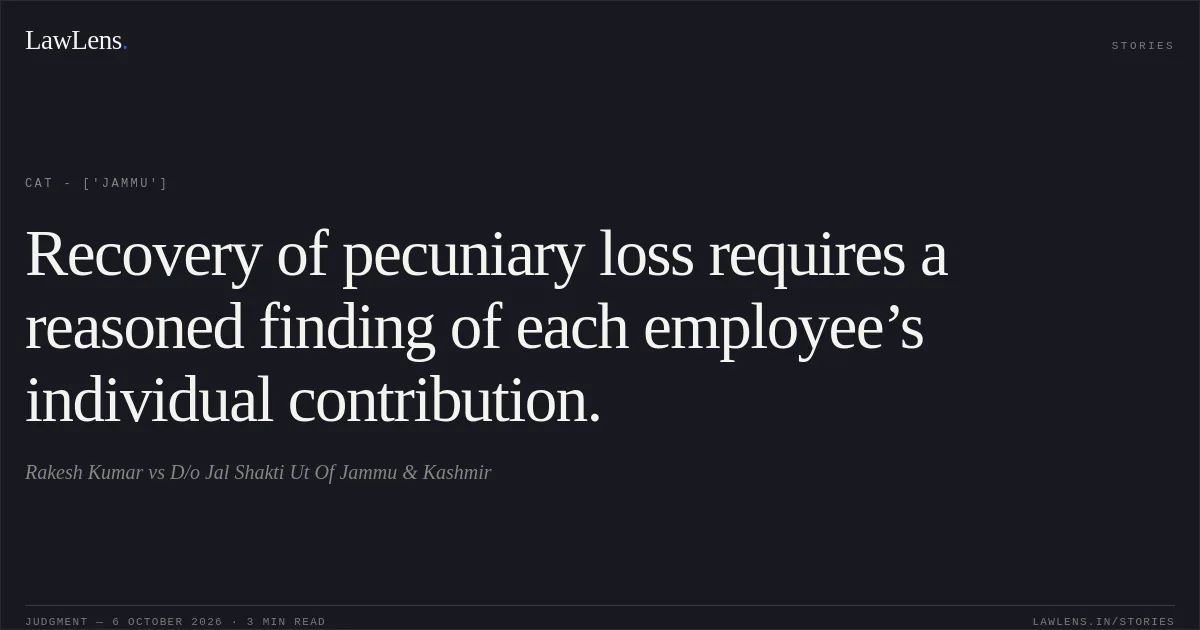 Recovery of pecuniary loss requires a reasoned finding of each employee’s individual contribution.. Rakesh Kumar vs D/o Jal Shakti Ut Of Jammu & Kashmir. CAT - ['Jammu']. LawLens