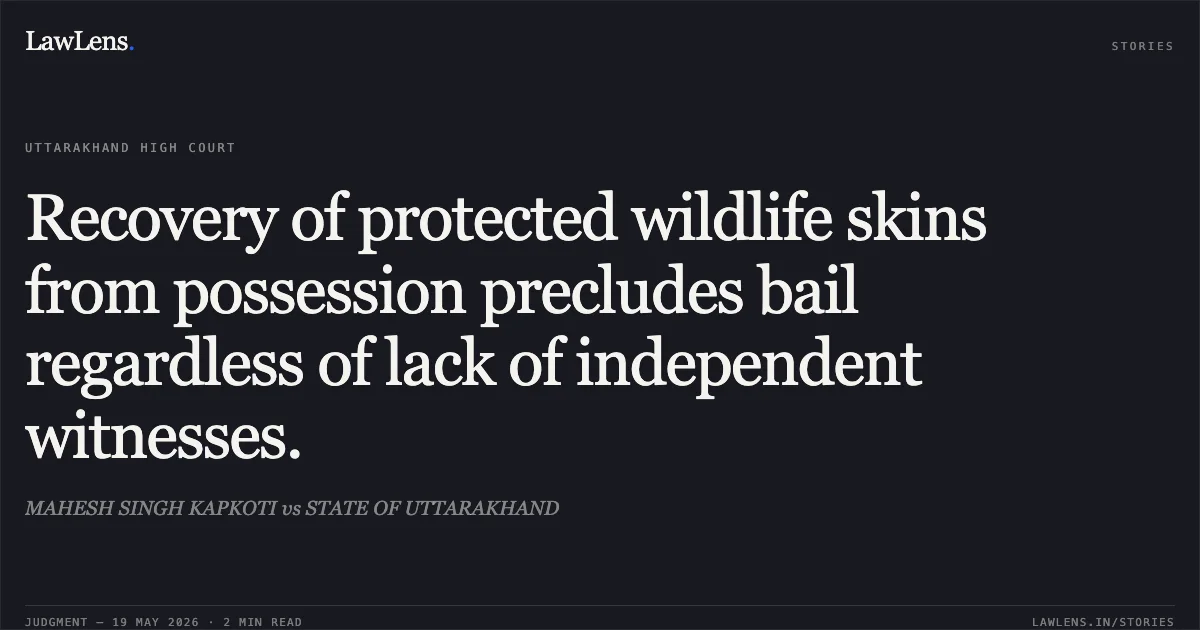 Recovery of protected wildlife skins from possession precludes bail regardless of lack of independent witnesses.. MAHESH SINGH KAPKOTI vs STATE OF UTTARAKHAND. Uttarakhand High Court. LawLens