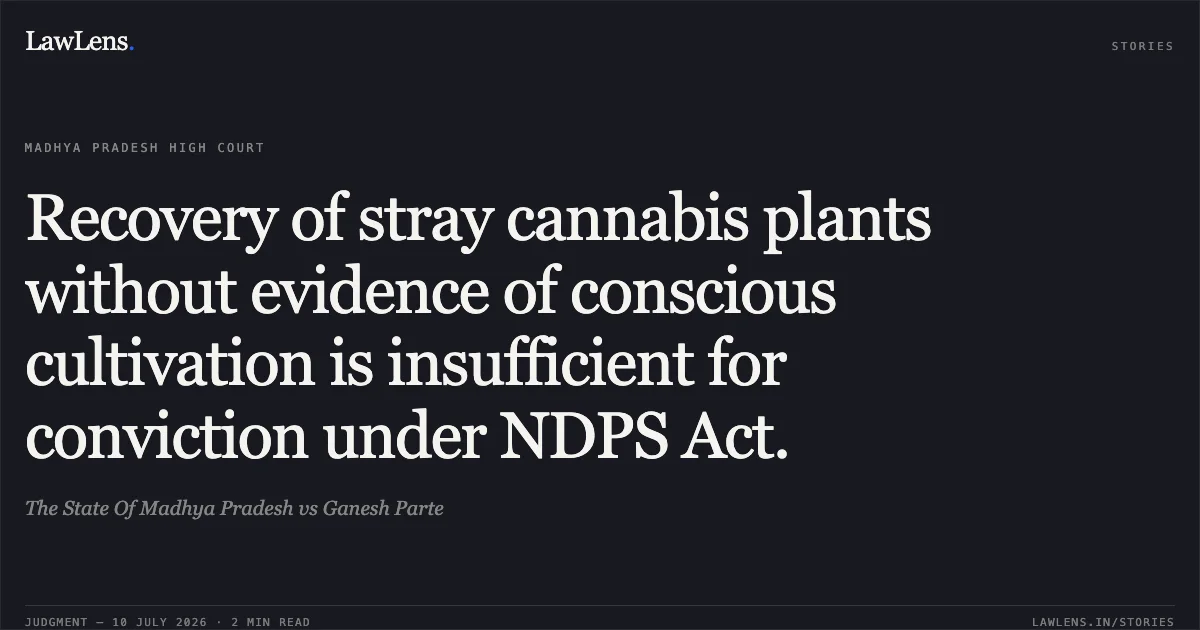Recovery of stray cannabis plants without evidence of conscious cultivation is insufficient for conviction under NDPS Act.. The State Of Madhya Pradesh vs Ganesh Parte. Madhya Pradesh High Court. LawLens