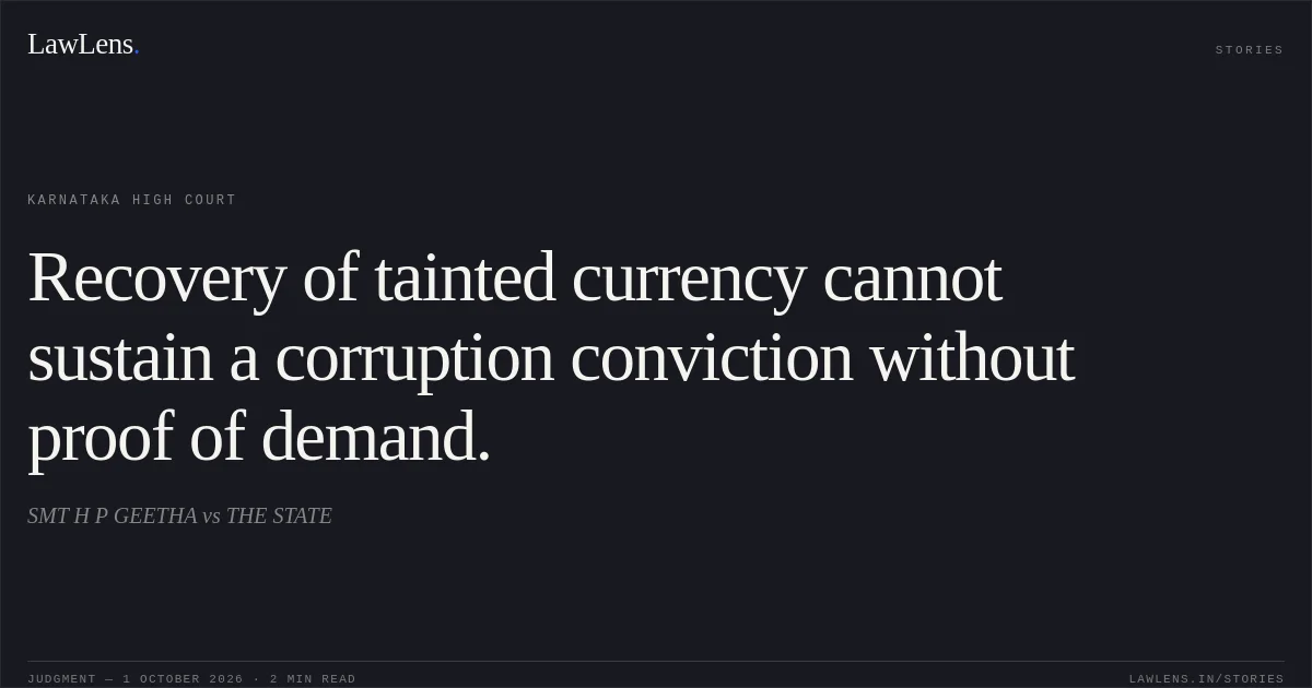 Recovery of tainted currency cannot sustain a corruption conviction without proof of demand.. SMT H P GEETHA vs THE STATE. Karnataka High Court. LawLens