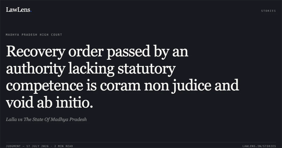 Recovery order passed by an authority lacking statutory competence is coram non judice and void ab initio.. Lalla vs The State Of Madhya Pradesh. Madhya Pradesh High Court. LawLens