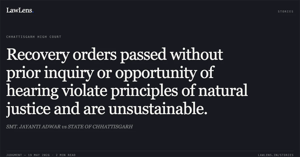 Recovery orders passed without prior inquiry or opportunity of hearing violate principles of natural justice and are unsustainable.. SMT. JAYANTI ADWAR vs STATE OF CHHATTISGARH. Chhattisgarh High Court. LawLens
