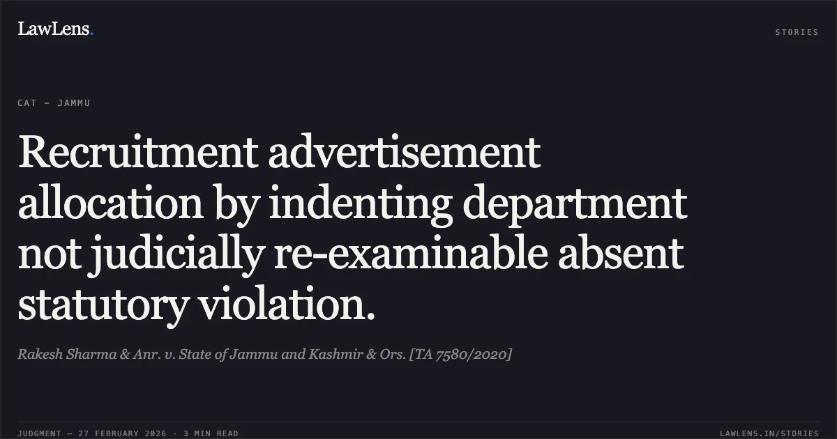 Recruitment advertisement allocation by indenting department not judicially re-examinable absent statutory violation.. Rakesh Sharma & Anr. v. State of Jammu and Kashmir & Ors. [TA 7580/2020]. Central Administrative Tribunal. LawLens