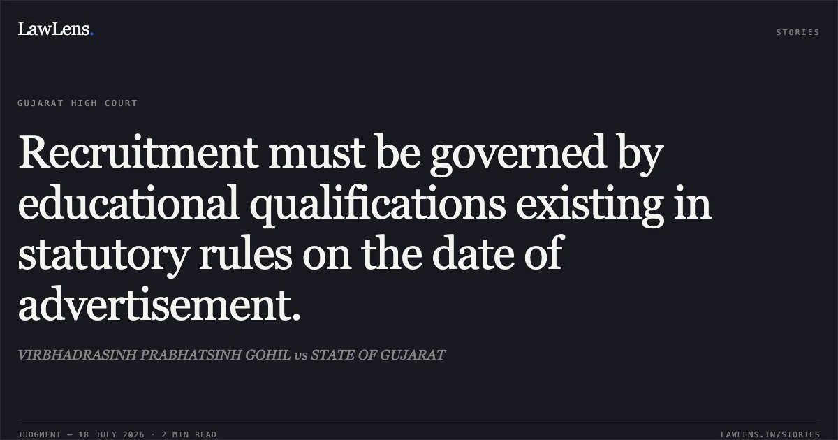 Recruitment must be governed by educational qualifications existing in statutory rules on the date of advertisement.. VIRBHADRASINH PRABHATSINH GOHIL vs STATE OF GUJARAT. Gujarat High Court. LawLens