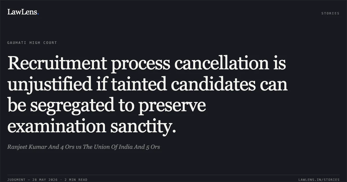 Recruitment process cancellation is unjustified if tainted candidates can be segregated to preserve examination sanctity.. Ranjeet Kumar And 4 Ors vs The Union Of India And 5 Ors. Gauhati High Court. LawLens