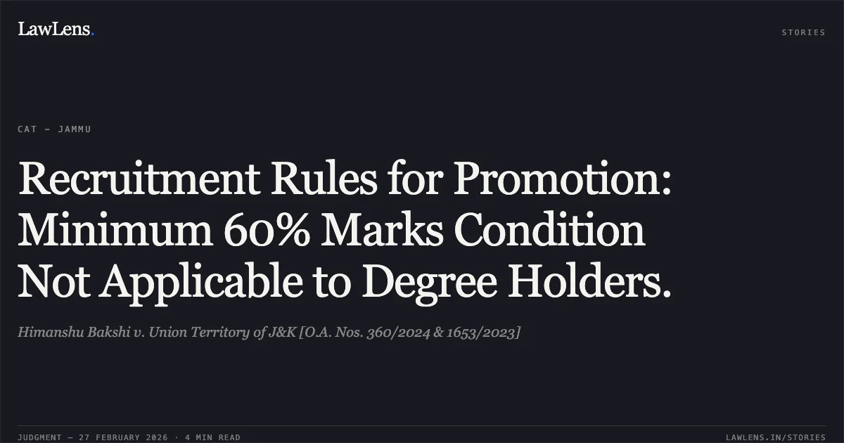 Recruitment Rules for Promotion: Minimum 60% Marks Condition Not Applicable to Degree Holders.. Himanshu Bakshi v. Union Territory of J&K [O.A. Nos. 360/2024 & 1653/2023]. Central Administrative Tribunal. LawLens