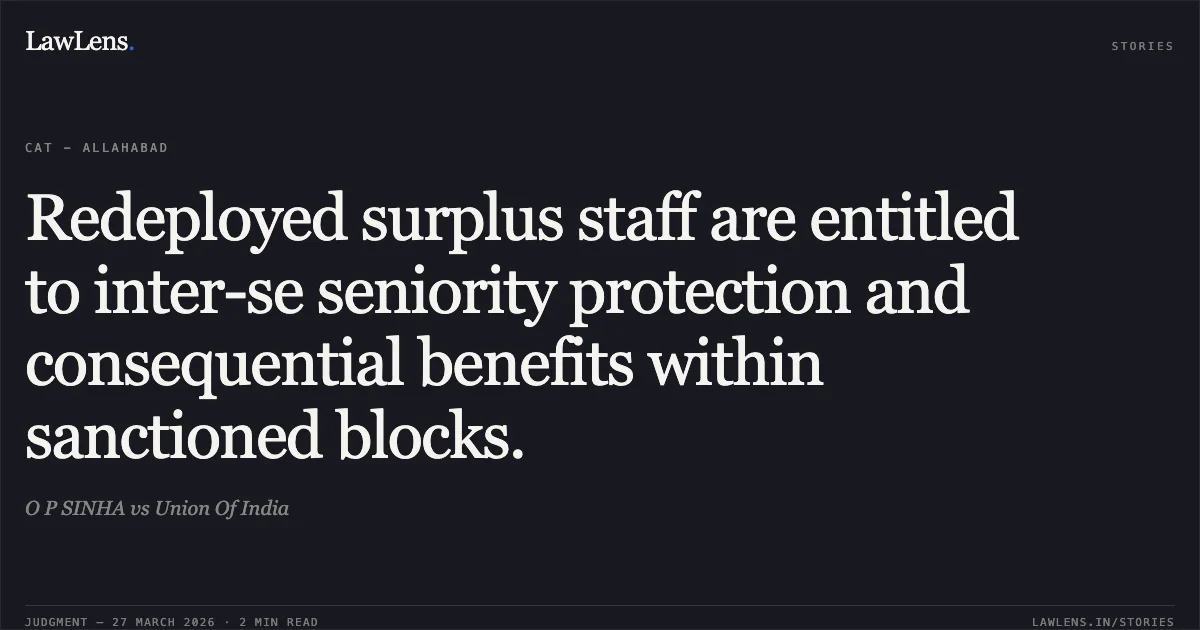 Redeployed surplus staff are entitled to inter-se seniority protection and consequential benefits within sanctioned blocks.. O P SINHA vs Union Of India. CAT - Allahabad. LawLens