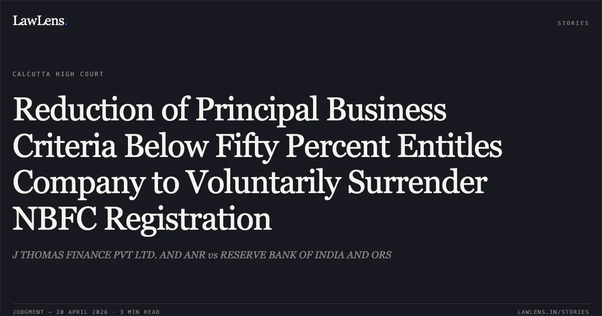 Reduction of Principal Business Criteria Below Fifty Percent Entitles Company to Voluntarily Surrender NBFC Registration. J THOMAS FINANCE PVT LTD. AND ANR vs RESERVE BANK OF INDIA AND ORS. Calcutta High Court. LawLens