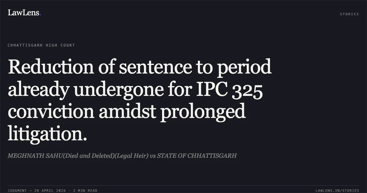 Reduction of sentence to period already undergone for IPC 325 conviction amidst prolonged litigation.. MEGHNATH SAHU(Died and Deleted)(Legal Heir) vs STATE OF CHHATTISGARH. Chhattisgarh High Court. LawLens