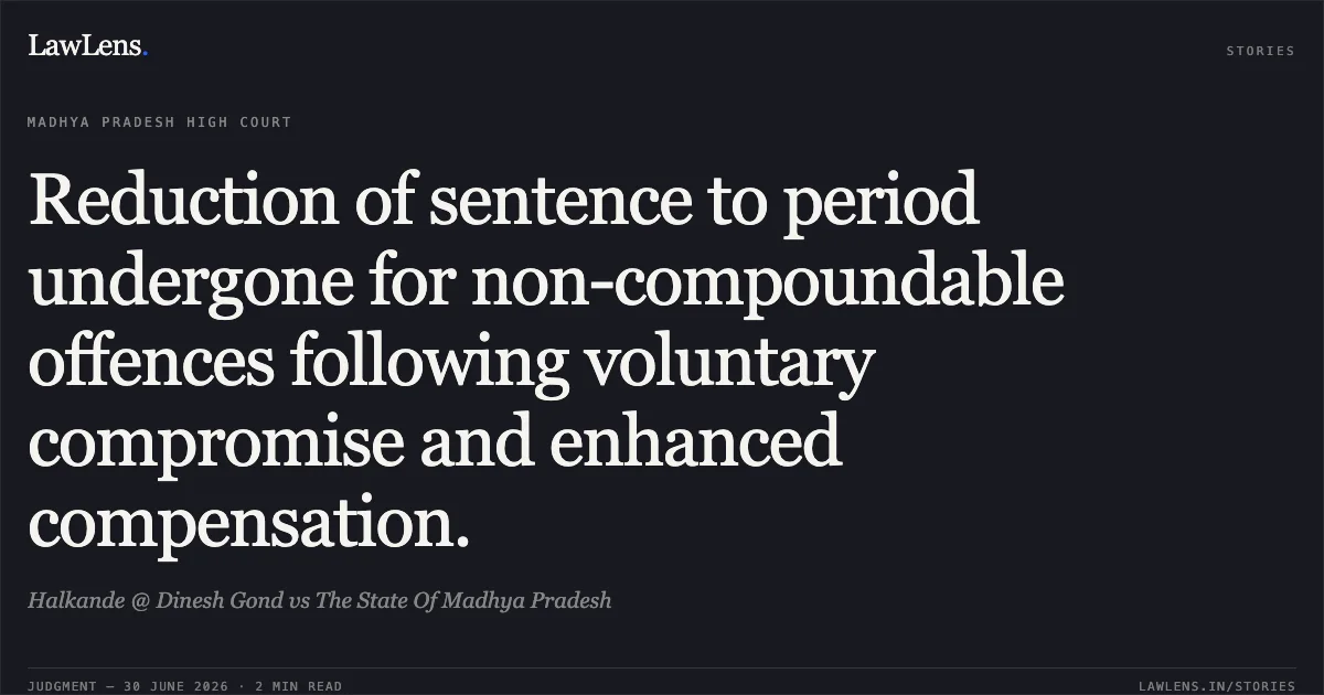 Reduction of sentence to period undergone for non-compoundable offences following voluntary compromise and enhanced compensation.. Halkande @ Dinesh Gond vs The State Of Madhya Pradesh. Madhya Pradesh High Court. LawLens