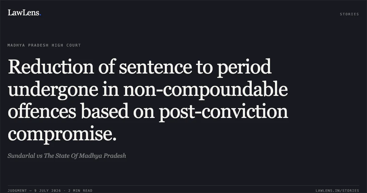 Reduction of sentence to period undergone in non-compoundable offences based on post-conviction compromise.. Sundarlal vs The State Of Madhya Pradesh. Madhya Pradesh High Court. LawLens